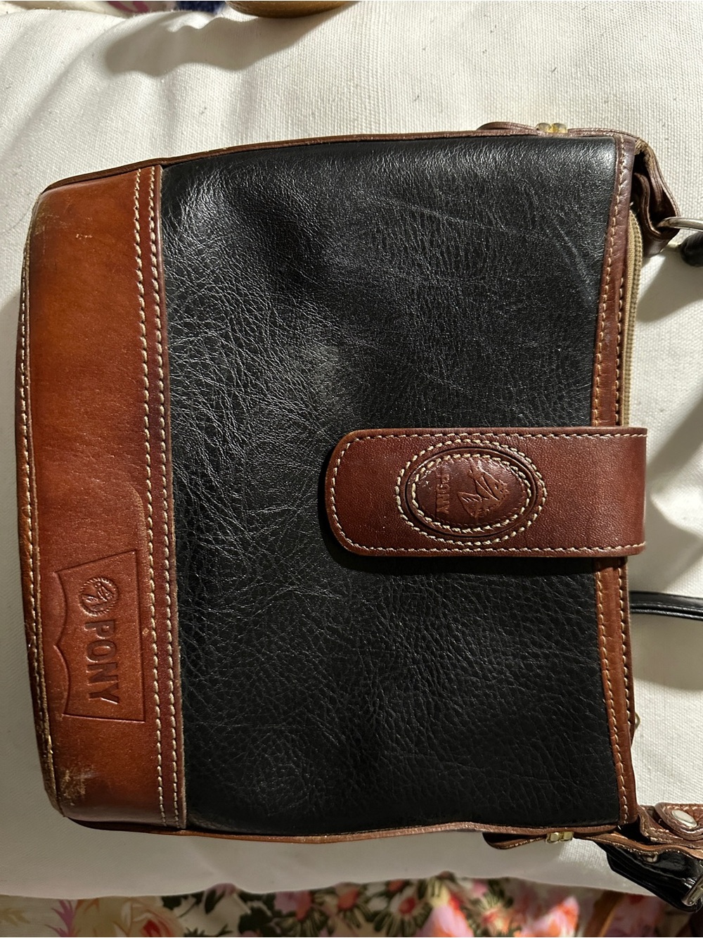 Pony Black and Brown Leather Messenger Bag vintage